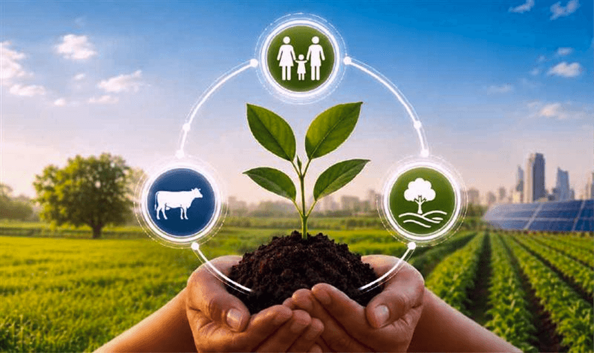 Farming community in field