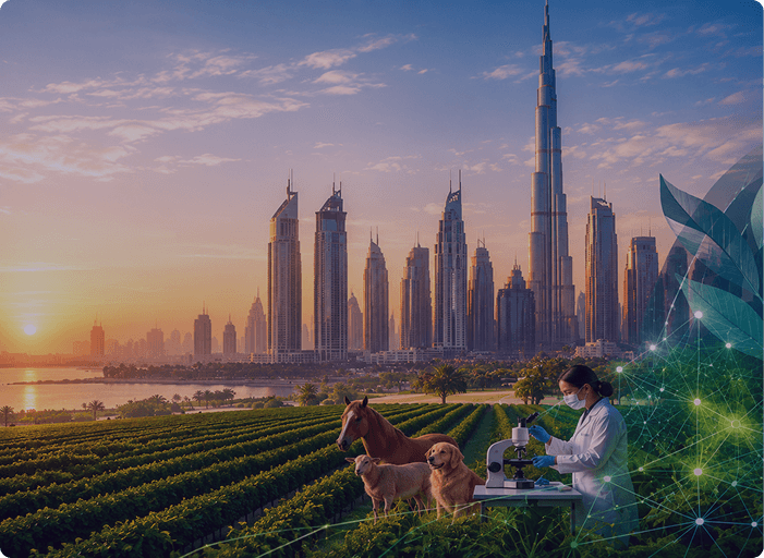 Dubai skyline beside a researcher working in a field